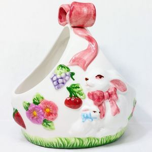 White Ceramic Easter Bunny Rabbit Flowers Basket Decor Candy Dish What Not Jay